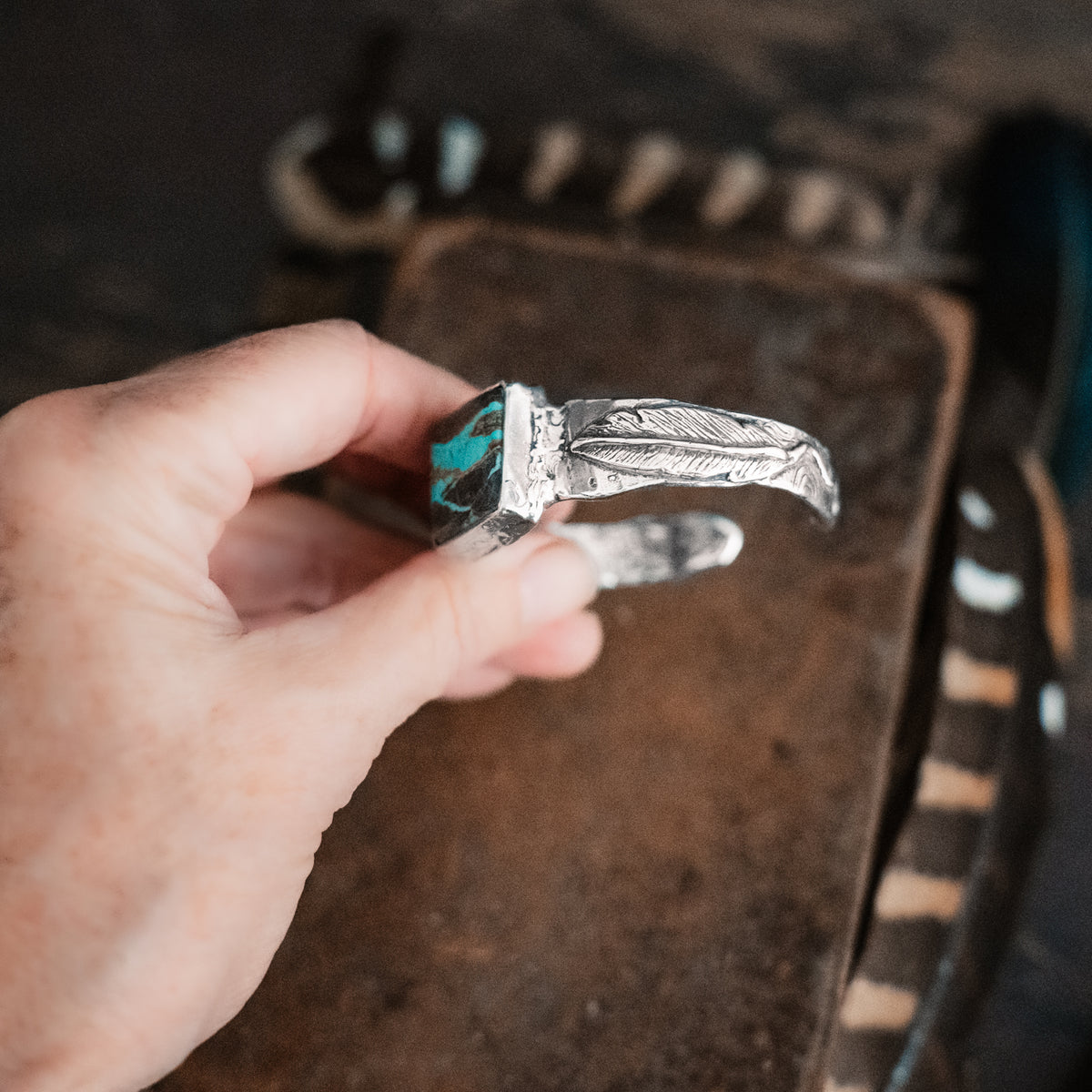 Hope is the thing with Feathers Ribbon Turquoise Cuff